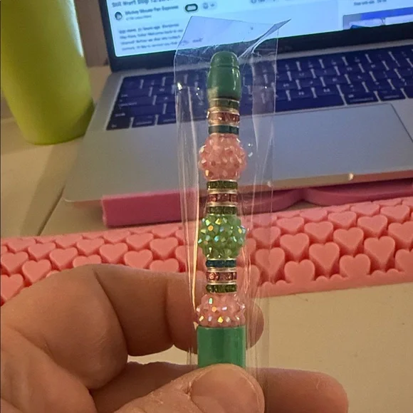 Bejeweled Beaded Pen - Green and Pink - Picture 2 of 3